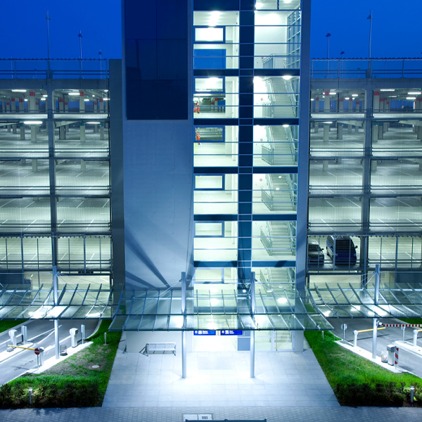 Parking garage night aerial view