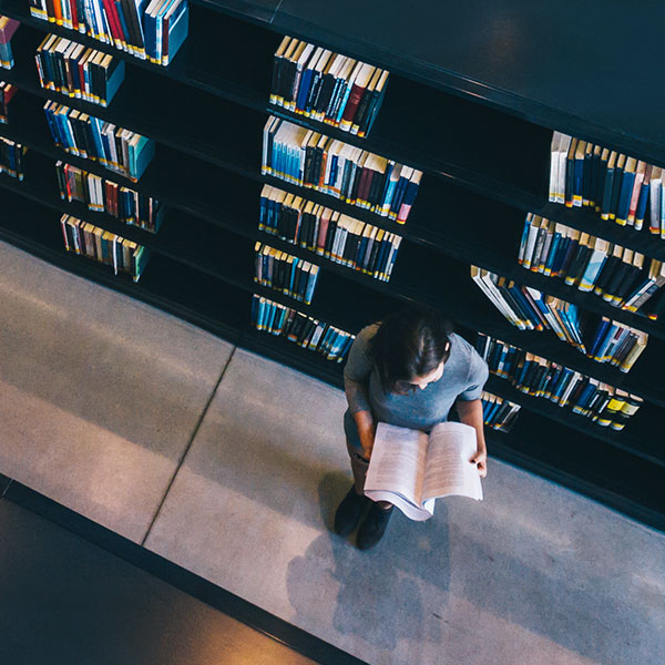 Woman reading in library aerial