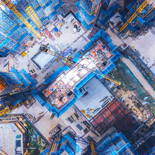 Blue construction site macro aerial