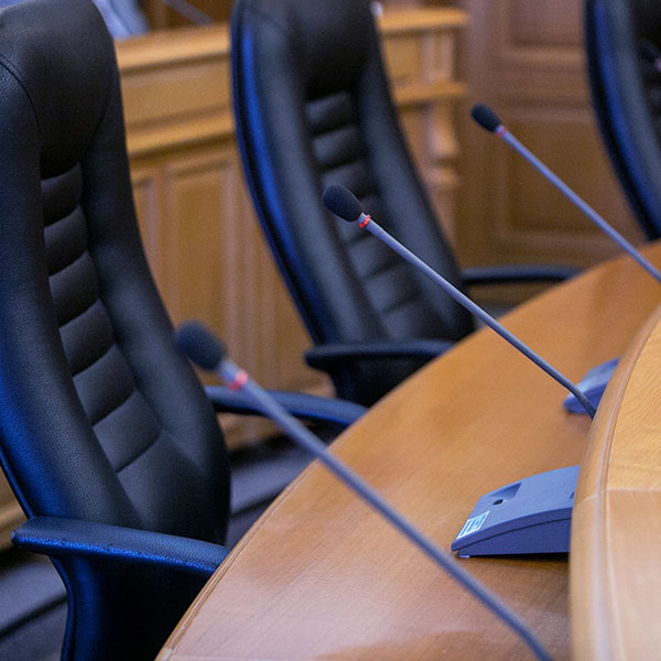 Conference desk with microphones audio video