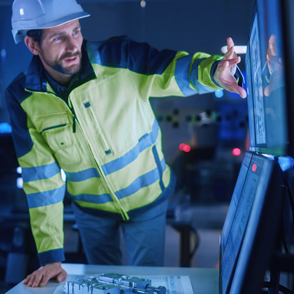 Manufacturing worker pointing at screen technology