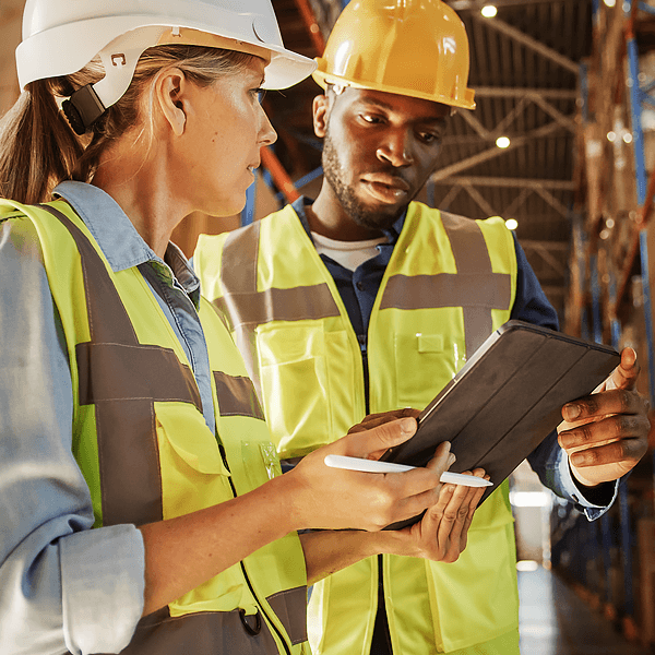 Diverse warehouse workers collaborating.