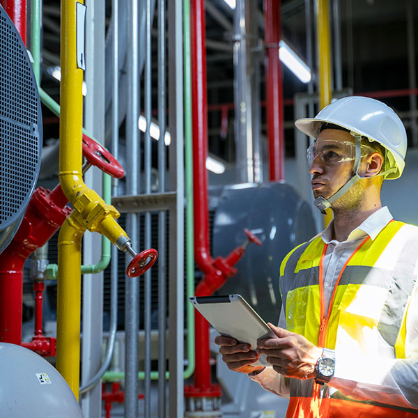 Male technician inspecting air quality averted gaze