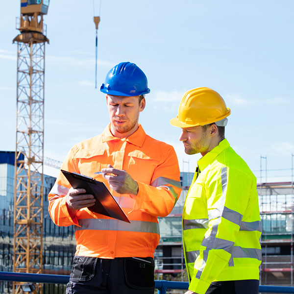 Male workers talking at construction site averted gaze