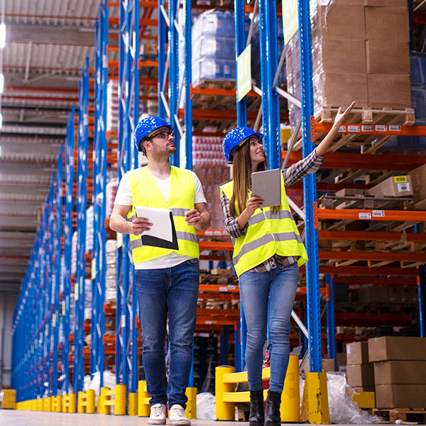 Man and woman walking through warehouse yellow vests