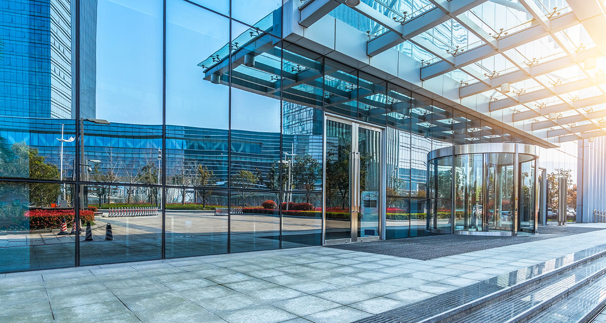 Glass doors at entrance of modern office building