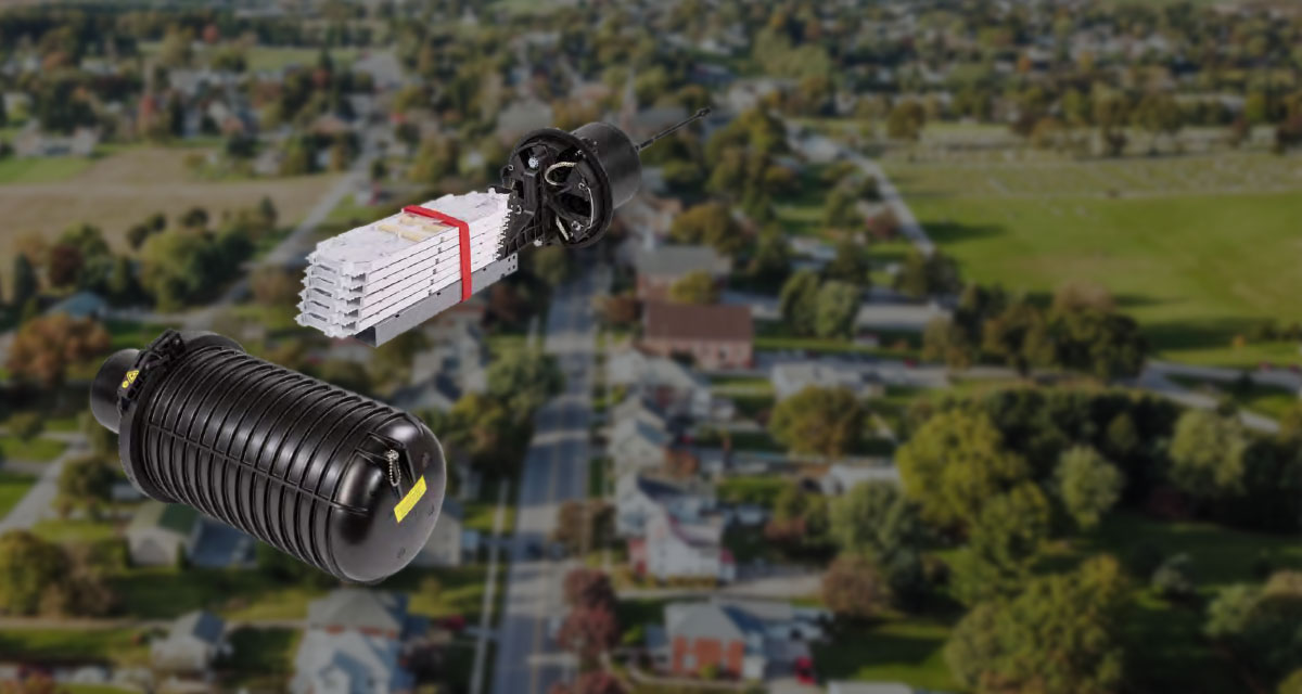 CommScope FOSC products over aerial view of rural town