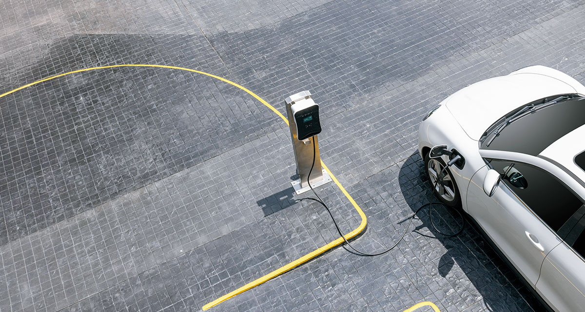 Aerial view of electric vehicle charging