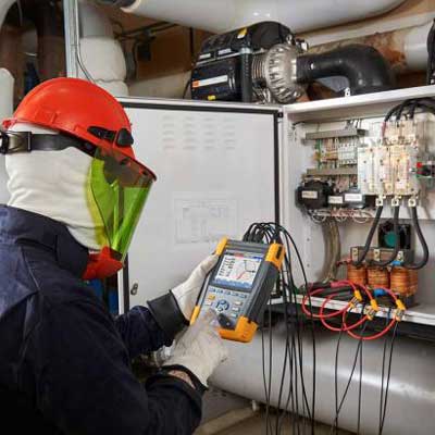 Fluke Technician testing electrical equipment with meter Solutions