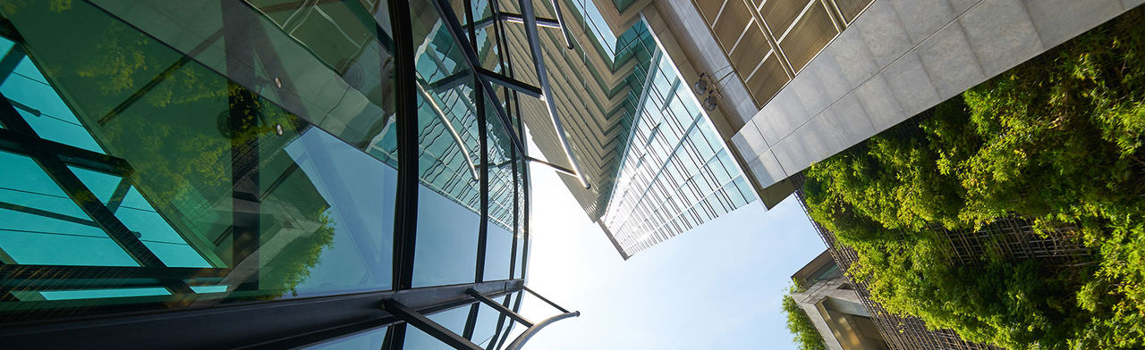 City view looking up modern buildings glass