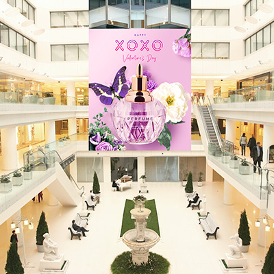 Large digital screen hanging in indoor mall
