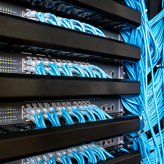 Blue cabling in cabinet