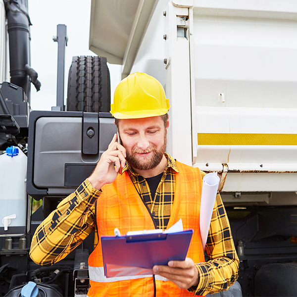 Worker outside truck on cellphone