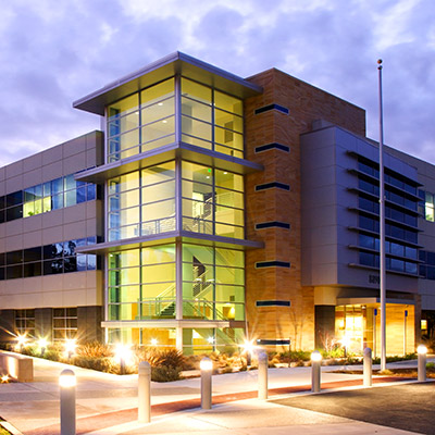 Commercial building at night.