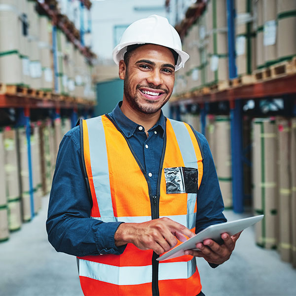 Smiling warehouse worker with tablet