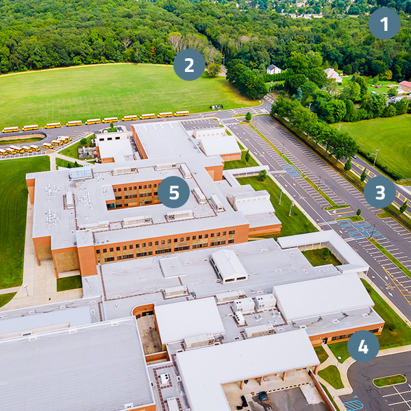 Perimeter of a school campus aerial view