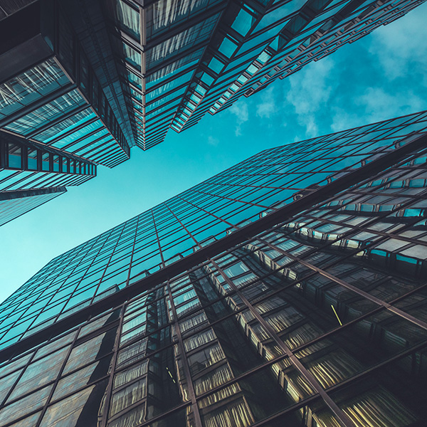 Financial commercial building city view.