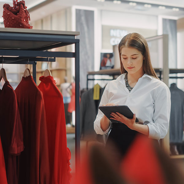 Retail shop employee using wifi technology inventory management.