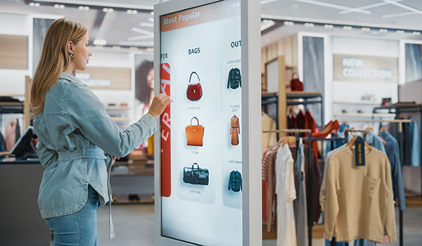 Woman using touch screen in retail store.