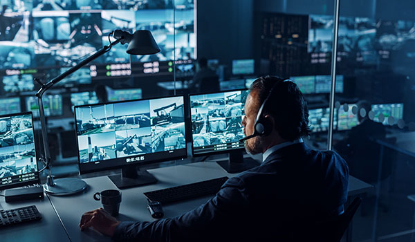 Security guard monitoring retail businesses.