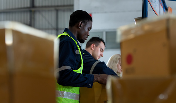 Warehouse workers packing boxes kitting services.