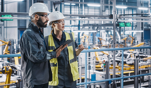 Industrial workers in automation factory