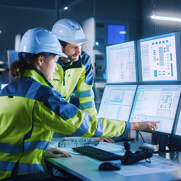 Industrial workers using computer screens