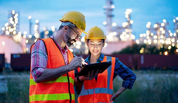 Engineers with tablet at refinery
