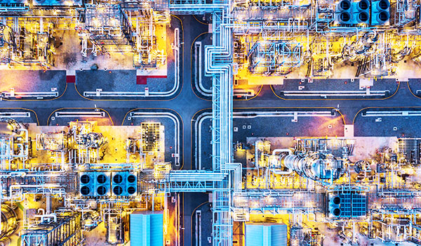 Night view of refinery aerial