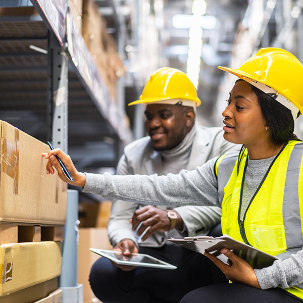 Workers taking inventory in warehouse