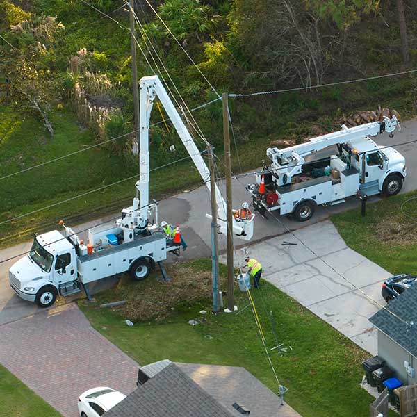 Electrician workers repairing damaged power lines using bucket trucks after hurricane Ian in Florida residential area