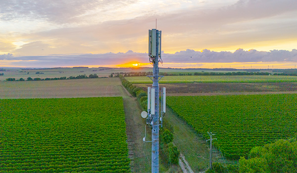 5G tower in rural field at sunrise