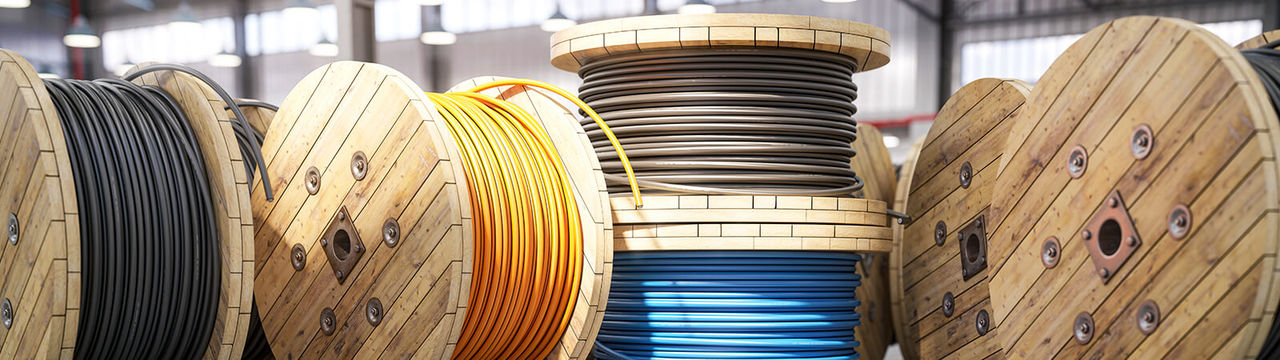 Wire and cable spools in warehouse
