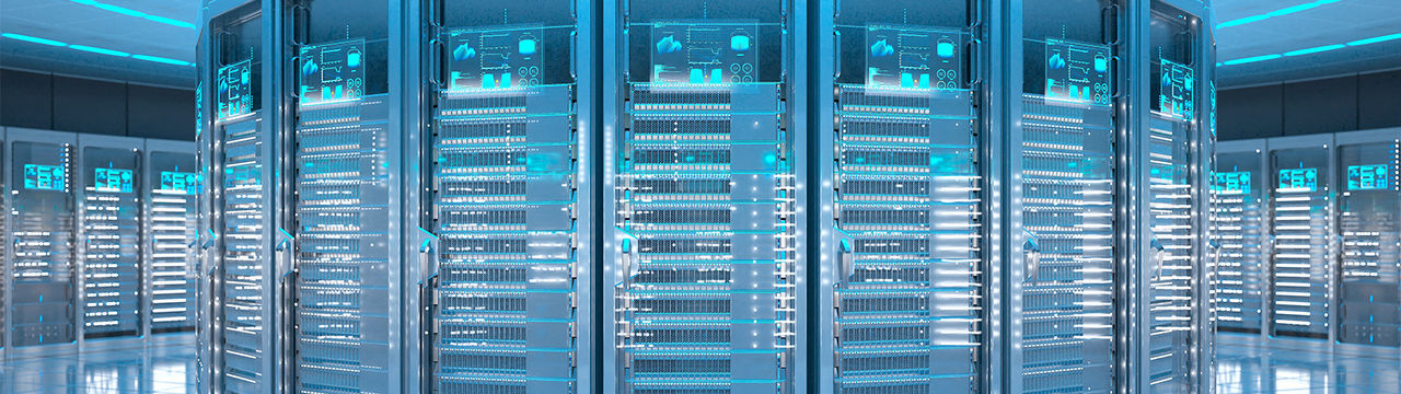 Bright futuristic data center with blue lights
