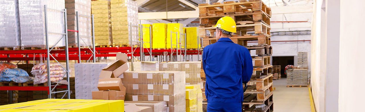 Worker pushing pallet in stockroom