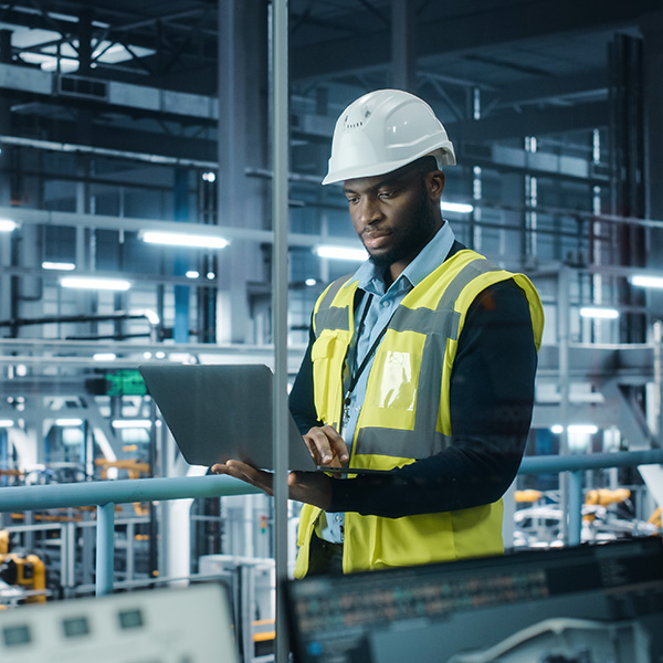 Engineer using platform software in industrial factory