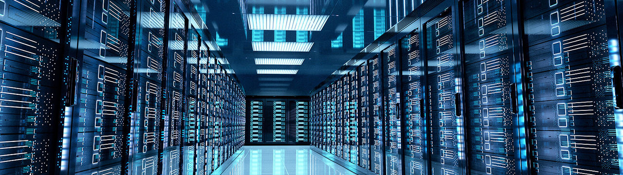 Large data center with bright ceiling lights