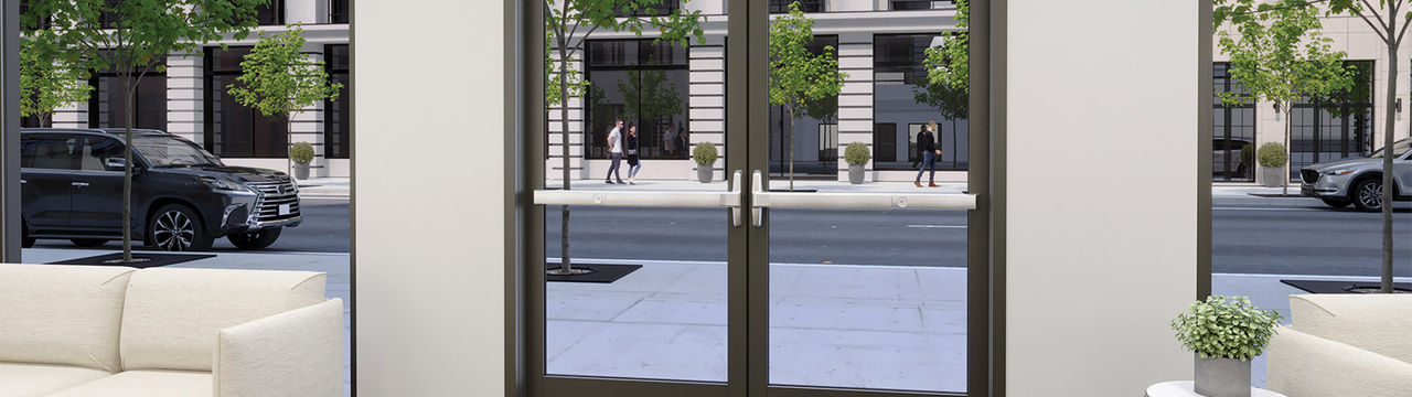 Allegion doors in commercial building lobby