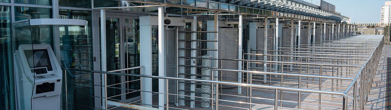 Line barriers at stadium entrance