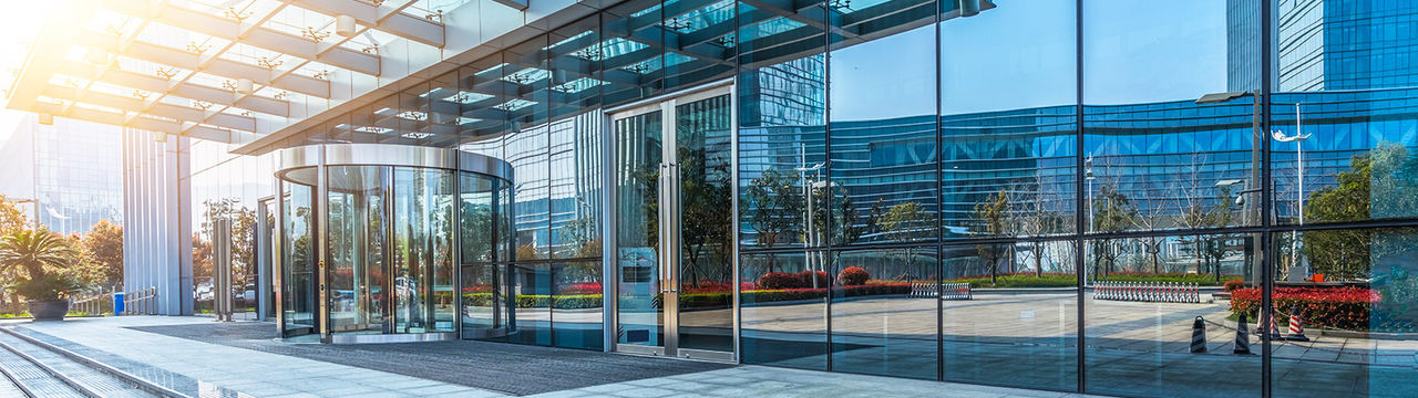 Glass doors at entrance of modern office building