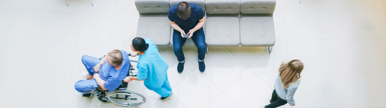 Visitors in hospital aerial view