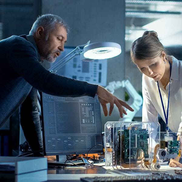 Engineers collaborating in an innovation lab.