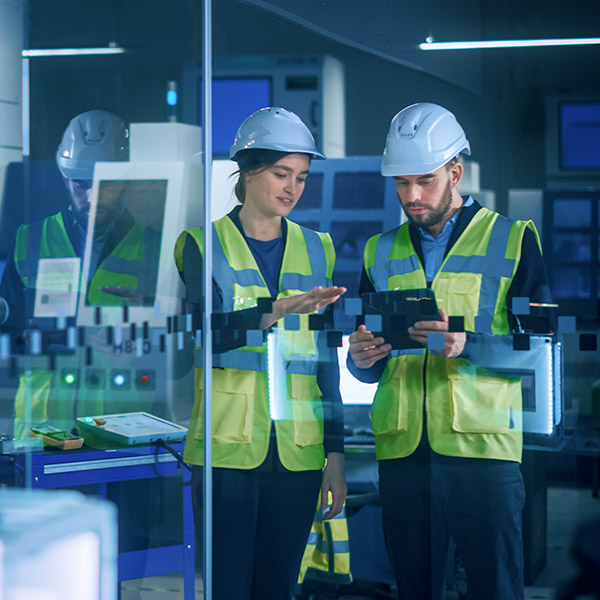 IoT Engineers collaborating in industrial manufacturer plant.
