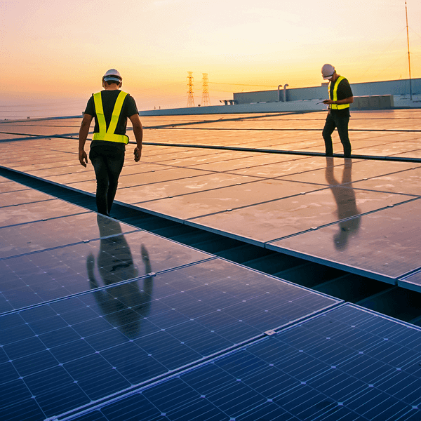 Solar technicians servicing renewable energy solar panels.