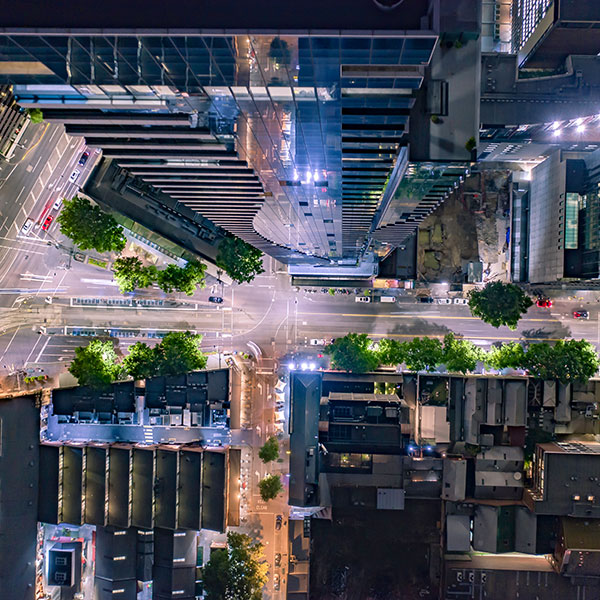 Smart buildings aerial view downtown city