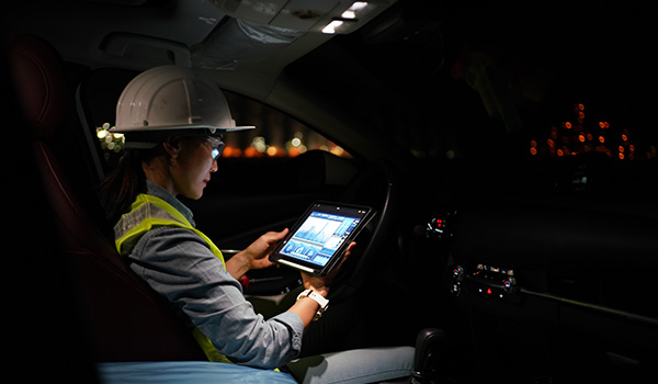 Engineer using wireless device in field