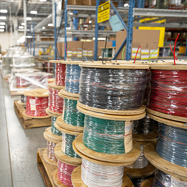 Wire and cable spools in Mfalls Wesco warehouse