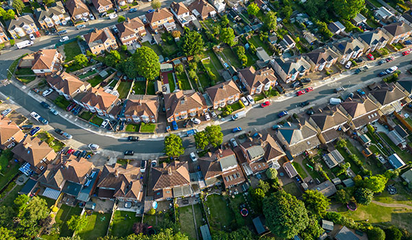 An aerial view of a residential area.